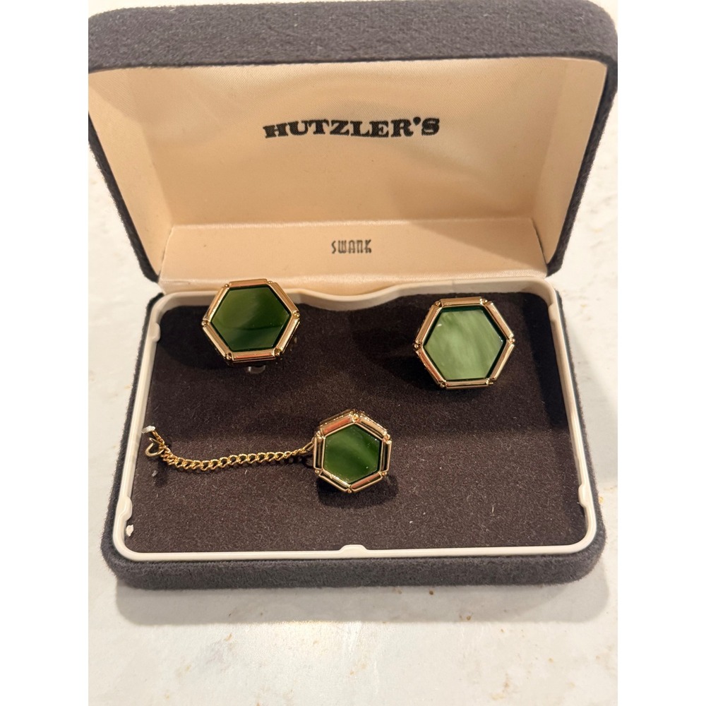 Vintage Swank Green Hexagon Cufflinks and Tie Tac Set Gold Tone with Box
